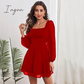 Ingvn - Ruched Bust Lantern Sleeve Swiss Dot Chiffon Dress
