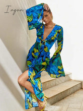 Ingvn - Ruffle Tie Dye Printed Holiday Dress For Women Flare Sleeve Button Ve Neck Summer Beach