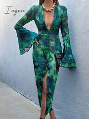 Ingvn - Ruffle Tie Dye Printed Holiday Dress For Women Flare Sleeve Button Ve Neck Summer Beach