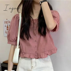Ingvn - Ruffles Cute Shirt Women Button Up Summer Blouse 2023 High Waist Puff Sleeve Crop Top
