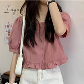 Ingvn - Ruffles Cute Shirt Women Button Up Summer Blouse 2023 High Waist Puff Sleeve Crop Top
