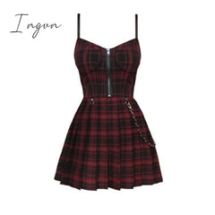 Ingvn - Ruibbit Spring Autumn Preppy Style Gothic Girls Sexy Sling Dress Red Balck Pleated Plaid