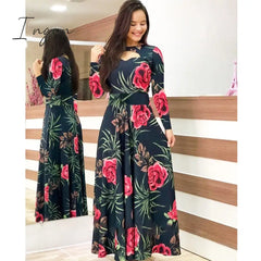 Ingvn - S - 5Xl Plus Size Elegant Oversized Tunic Women Dress Bohmia Flower Print Maxi Dresses