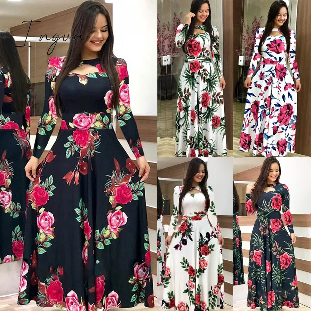 Ingvn - S - 5Xl Plus Size Elegant Oversized Tunic Women Dress Bohmia Flower Print Maxi Dresses