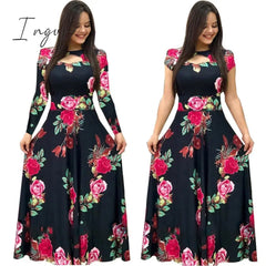 Ingvn - S - 5Xl Plus Size Elegant Oversized Tunic Women Dress Bohmia Flower Print Maxi Dresses