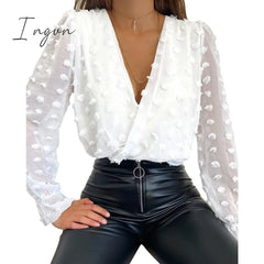 Ingvn - Sale Women Deep V Neck Top White Jacquard Fashion Shirt Female Long Sleeve Chic Sexy Polka