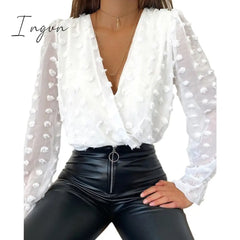 Ingvn - Sale Women Deep V Neck Top White Jacquard Fashion Shirt Female Long Sleeve Chic Sexy Polka