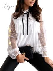 Ingvn - Sale Women Deep V Neck Top White Jacquard Fashion Shirt Female Long Sleeve Chic Sexy Polka