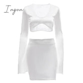 Ingvn - Satin Flare Long Sleeve 2 Two Piece Matching Set Women Crop Top Skirt Autumn Winter