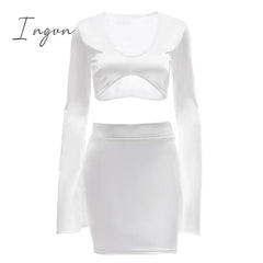 Ingvn - Satin Flare Long Sleeve 2 Two Piece Matching Set Women Crop Top Skirt Autumn Winter