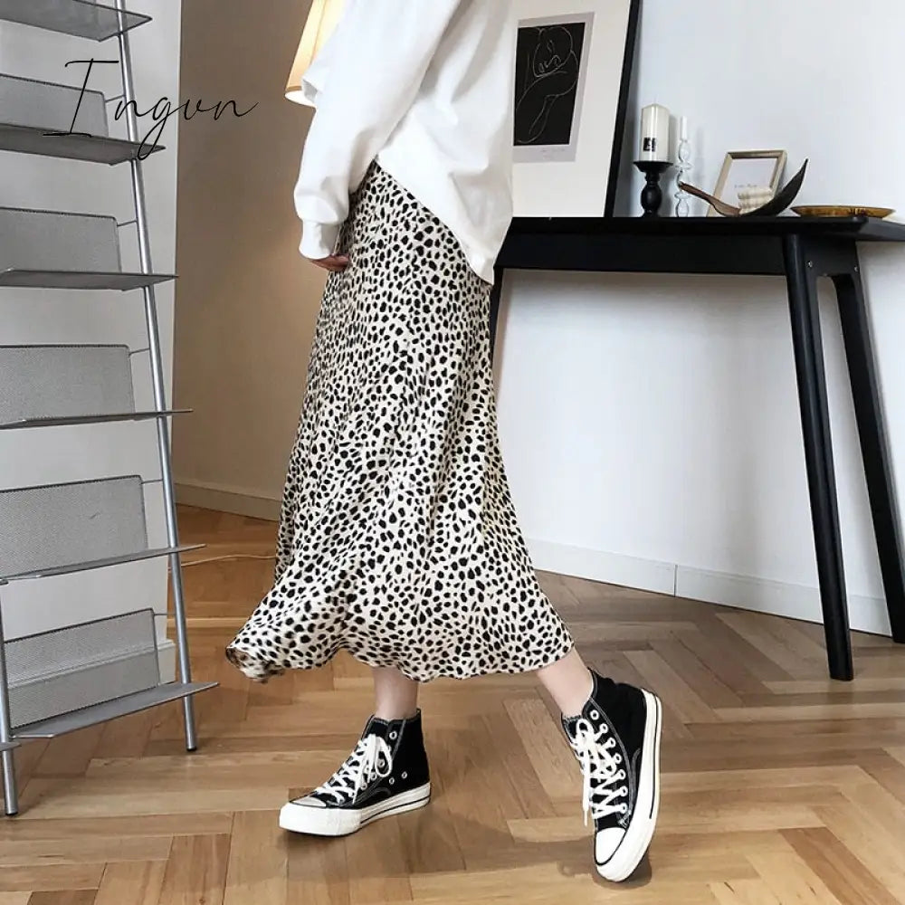 Ingvn - Satin Leopard-Print Skirt Female 2023 Summer High Waist Hip-Covered Fish Tail A- Line
