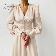 Ingvn - Satin Prom Women’s Long Dress For Party Lantern Sleeve A - Line High Waist Slim Elegant