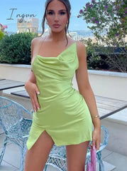 Ingvn - Satin Sexy Backless Slit Women Dress Green Spaghetti Strap Hollow Out Dresses Summer Skinny