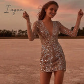 Ingvn - Sequined Mini Dress Deep V Neck Luxury Shiny Long Sleeve Women Sexy Elegant Party Clubwear