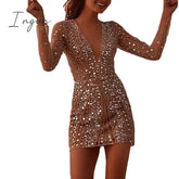 Ingvn - Sequined Mini Dress Deep V Neck Luxury Shiny Long Sleeve Women Sexy Elegant Party Clubwear