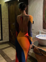 Ingvn - Sexy Backless Maxi Dress Fashion Print Long Sleeve Bodycon Party Beach Outfits 2023 New