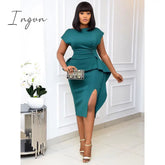 Ingvn - Sexy Bodycon Short Sleeve Dresses Split Package Hip Solid Event Party Dress Fashion Office