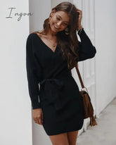 Ingvn - Sexy Bodycon Wrap Sweater Dress Women Autumn Long Sleeve Sashes Tied Mini Casual Cotton