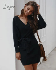 Ingvn - Sexy Bodycon Wrap Sweater Dress Women Autumn Long Sleeve Sashes Tied Mini Casual Cotton