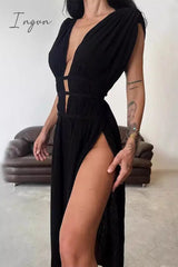 Ingvn - Sexy Bohemian Solid Slit V Neck Beach Dresses Dresses/Casual