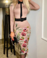 Ingvn - Sexy Boho Belt Lapel Polka Dot Printing Bodycon Dress Female Clothing Elegant Robe Casual