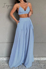 Ingvn - Sexy British Style Striped Print Pocket V Neck Sleeveless Two Pieces Pieces/Two-Piece Pants