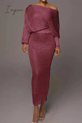 Ingvn - Sexy Celebrities Solid Oblique Collar Long Sleeve Two Pieces Pieces/Two-Piece Dress