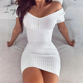 Ingvn - Sexy Club Off Shoulder Long Sleeve Bodycon Dress For Women Winter White Knitted Sweater