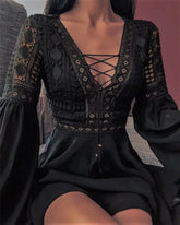 Ingvn - Sexy Crochet Lace V - Neck Mini Dress Summer Flare Sleeve Chiffon Beach Sundress Elegant