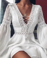 Ingvn - Sexy Crochet Lace V - Neck Mini Dress Summer Flare Sleeve Chiffon Beach Sundress Elegant