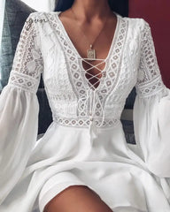 Ingvn - Sexy Crochet Lace V - Neck Mini Dress Summer Flare Sleeve Chiffon Beach Sundress Elegant