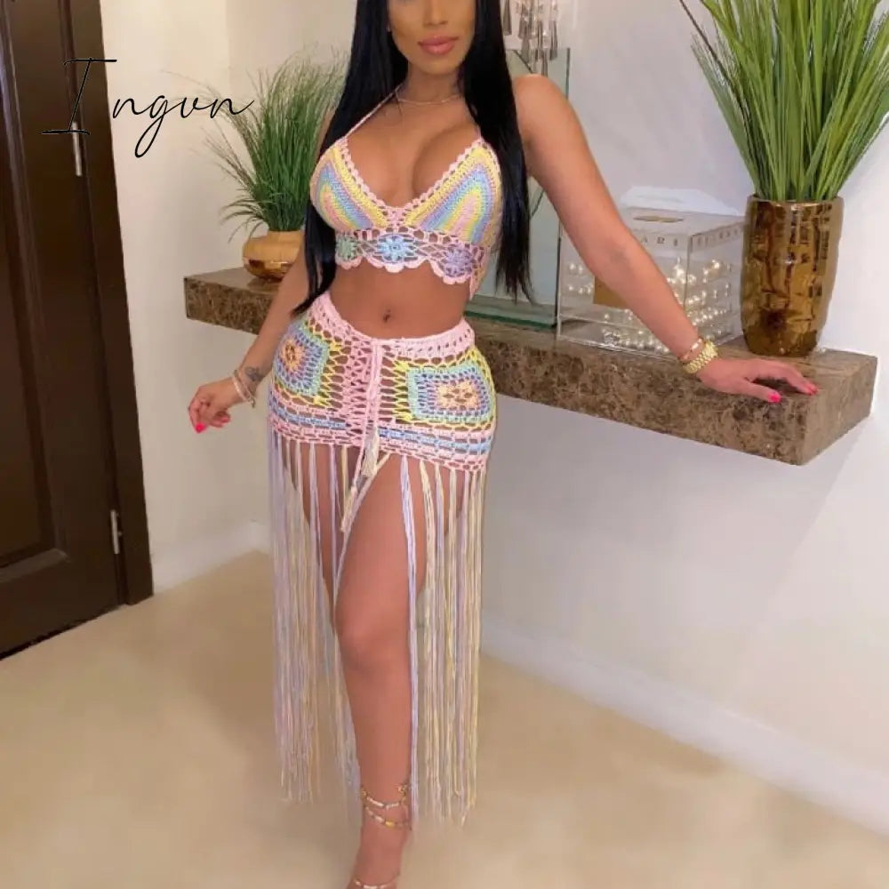 Ingvn - Sexy Crochet Tassel Two Piece Skirt Set Beach Dress Suit Summer Outfit Womens 2 Matching