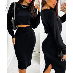 Ingvn - Sexy Crop Long Sleeve Pink Bodycon Dress Sets Women Autumn Print Cropped Feminino Two Piece