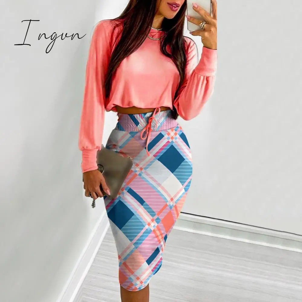 Ingvn - Sexy Crop Long Sleeve Pink Bodycon Dress Sets Women Autumn Print Cropped Feminino Two Piece