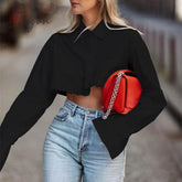 Ingvn - Sexy Crop Top Tassel Solid Color Shirt For Women Lapel Collar Long Sleeve Loose Oversized