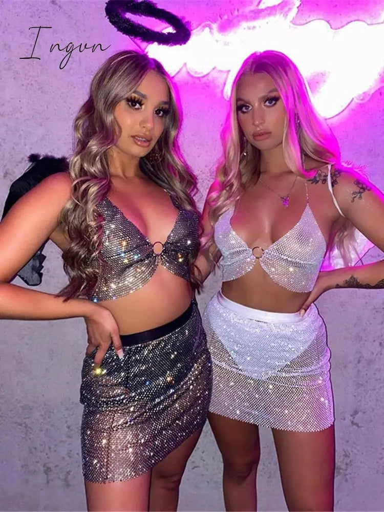 Ingvn - Sexy Crop Top Women Two Piece Set Festival Beach Club Outfits Party Tank T Shirt Woman