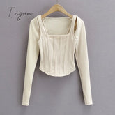 Ingvn - Sexy Cropped Tops Women 2023 Summer Knit Tank Top Fish Bone Corset White Crop Ribbed Cute