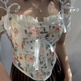 Ingvn - Sexy Designer Vintage Print Halter Tops Women Chic Bandage Floral Corset Shirts Female High
