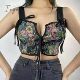 Ingvn - Sexy Designer Vintage Print Halter Tops Women Chic Bandage Floral Corset Shirts Female High
