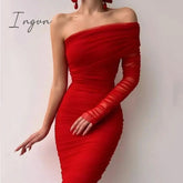 Ingvn - Sexy Diagonal Neck Backless Party Dress Women Fashion One Shoulder Long Sleeve Mesh Elegant