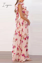 Ingvn - Sexy Floral Backless Flounce V Neck Printed Dress Dresses Dresses/Floral