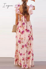 Ingvn - Sexy Floral Backless Flounce V Neck Printed Dress Dresses Dresses/Floral