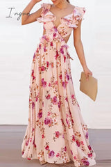 Ingvn - Sexy Floral Backless Flounce V Neck Printed Dress Dresses Dresses/Floral