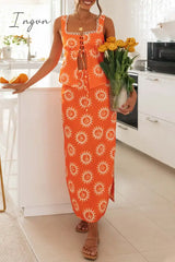 Ingvn - Sexy Floral Frenulum Slit Square Collar Sleeveless Two Pieces Pieces/Two-Piece Dress