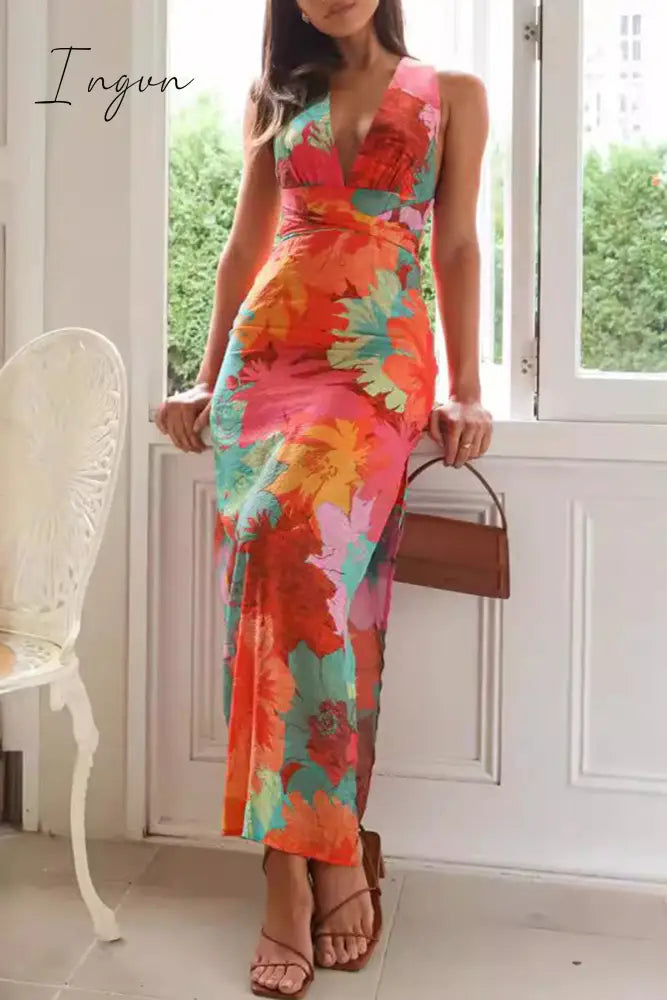 Ingvn - Sexy Floral Print Lace Up Backless Strap Design V Neck One Step Skirt Dresses Dresses/Floral