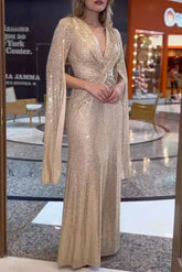 Ingvn - Sexy Formal Solid Sequins Fold V Neck A Line Dresses Dresses/Party And Cocktail