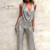 Ingvn - Sexy Glitter Sequin Club Party Jumpsuits Elegant Halter Sleeveless Straight Playsuits