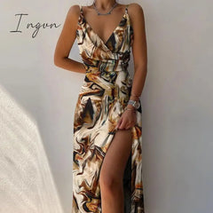 Ingvn - Sexy High Split Up Long Dress For Women Summer Print Party Sleeveless Slip V Neck Elegant