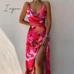 Ingvn - Sexy High Split Up Long Dress For Women Summer Print Party Sleeveless Slip V Neck Elegant