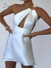 Ingvn - Sexy Hollow Out Bandage Women Dress White Asymmetrical High Waist Mini Spring Skinny